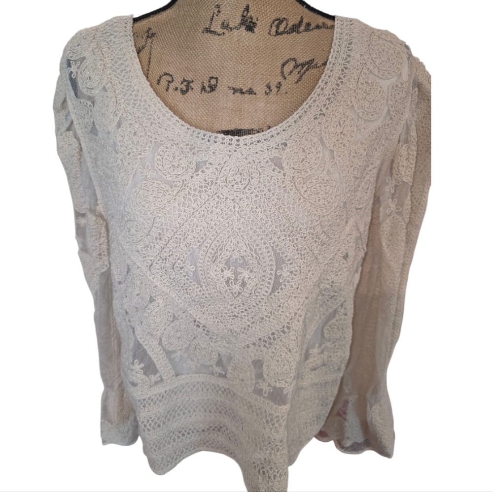 Ultra Pink Cream Lace Embroidered Lantern Long Sleeve Scoop Neck Top Size XL NEW - Picture 3 of 12